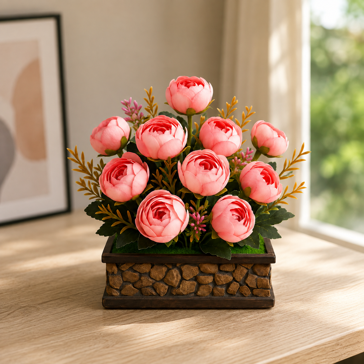 Pink & Green Peony Artificial Flower with Pot