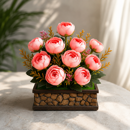 Pink & Green Peony Artificial Flower with Pot