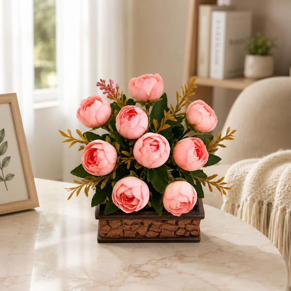 Pink & Green Peony Artificial Flower with Pot
