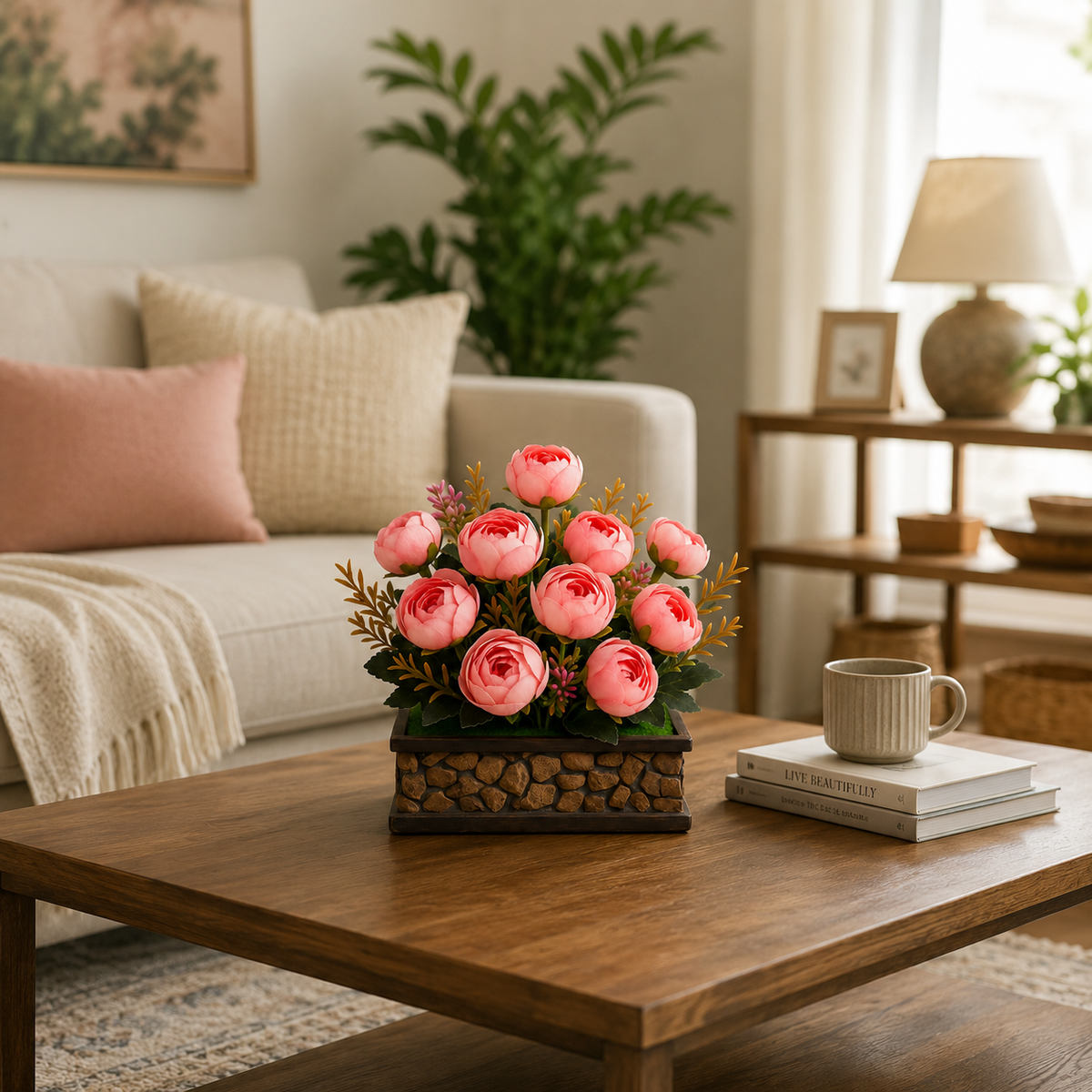 Pink & Green Peony Artificial Flower with Pot